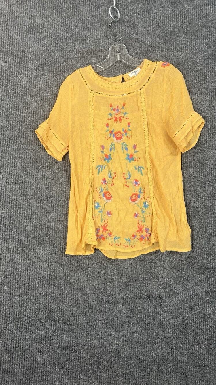 Umgee Blouse Womens Medium Yellow Floral Embroidered Crotchet Trim Bohemian